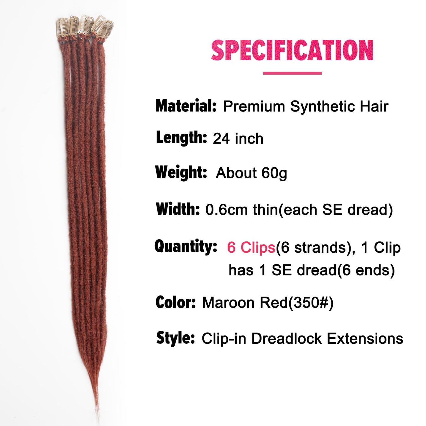 Kyriena 24 Inch Red Dreadlock Extensions Clip In, 6PCS Thin 0.6cm Width Ginger Synthetic Clip In Dreads Hair Extensions Handmade Single Ended Dreadlocks Hippie Style for Girls