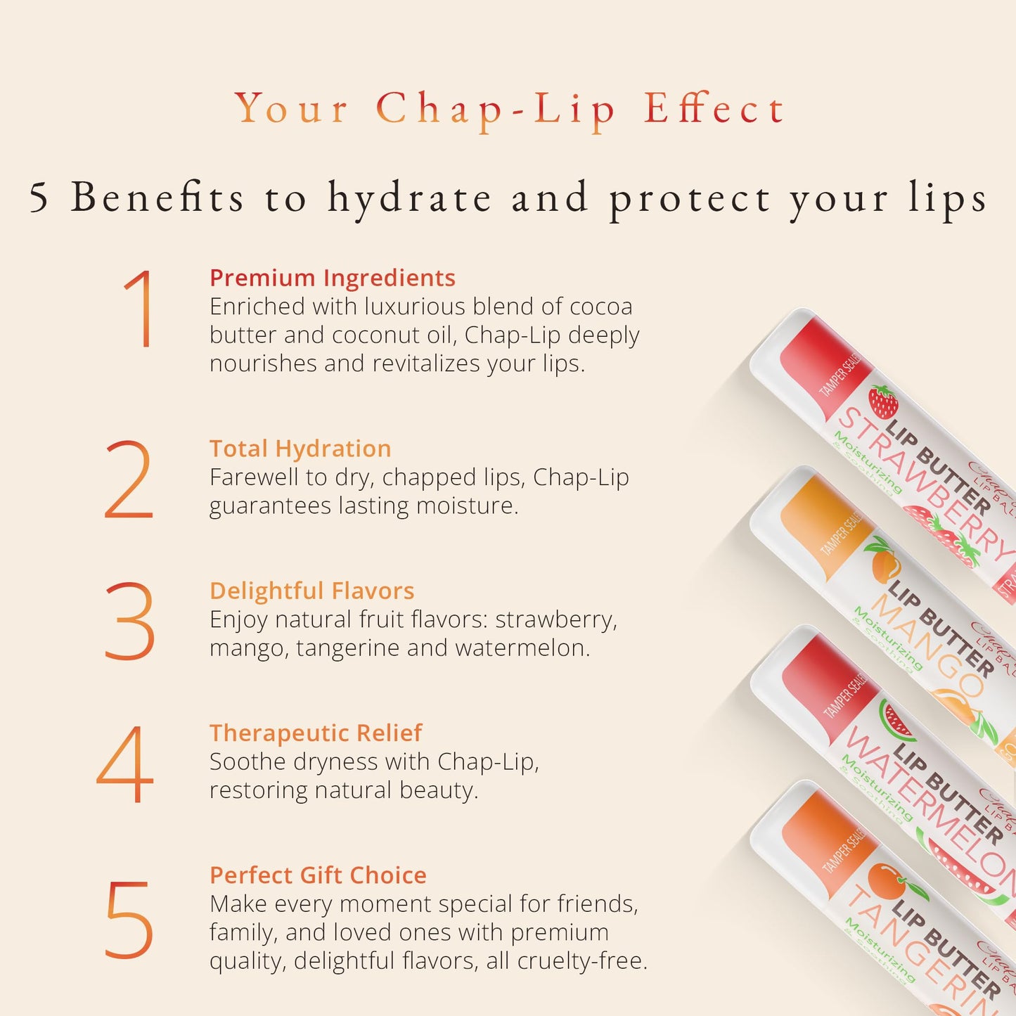 CHAP-LIP Original Lip Balm Hydrating Bulk Chap Stick with Fruit Flavors, Coconut Oil, and Cocoa Butter - Lip Therapy Pack for Men and Women - Gift Set Made in the USA, 24 Pack