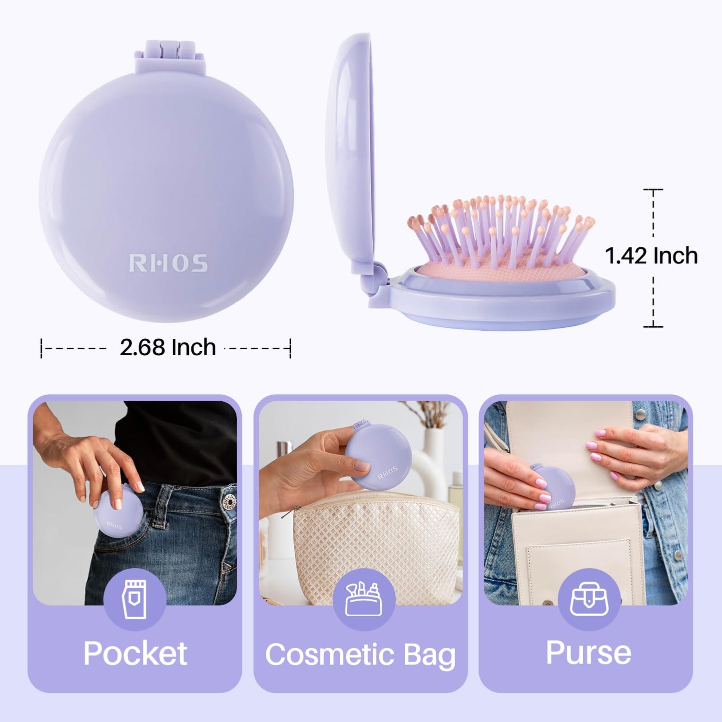 RHOS Hair Brush with Mirror for Women, Girls - Compact Folding Brush with Soft Nylon Bristles and Mirror - Portable Hair Brush for Travel - Purple