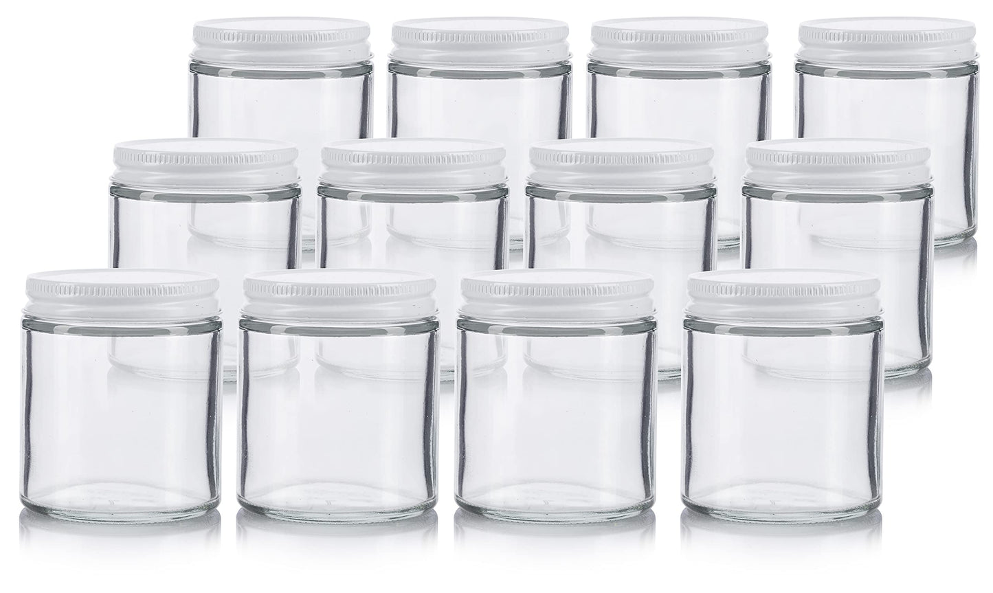 JUVITUS Clear Thick Glass Straight Sided Jar with White Metal Airtight Lid - 4 oz / 120 ml (12 pack) BPA Free Refillable Empty Storage Containers