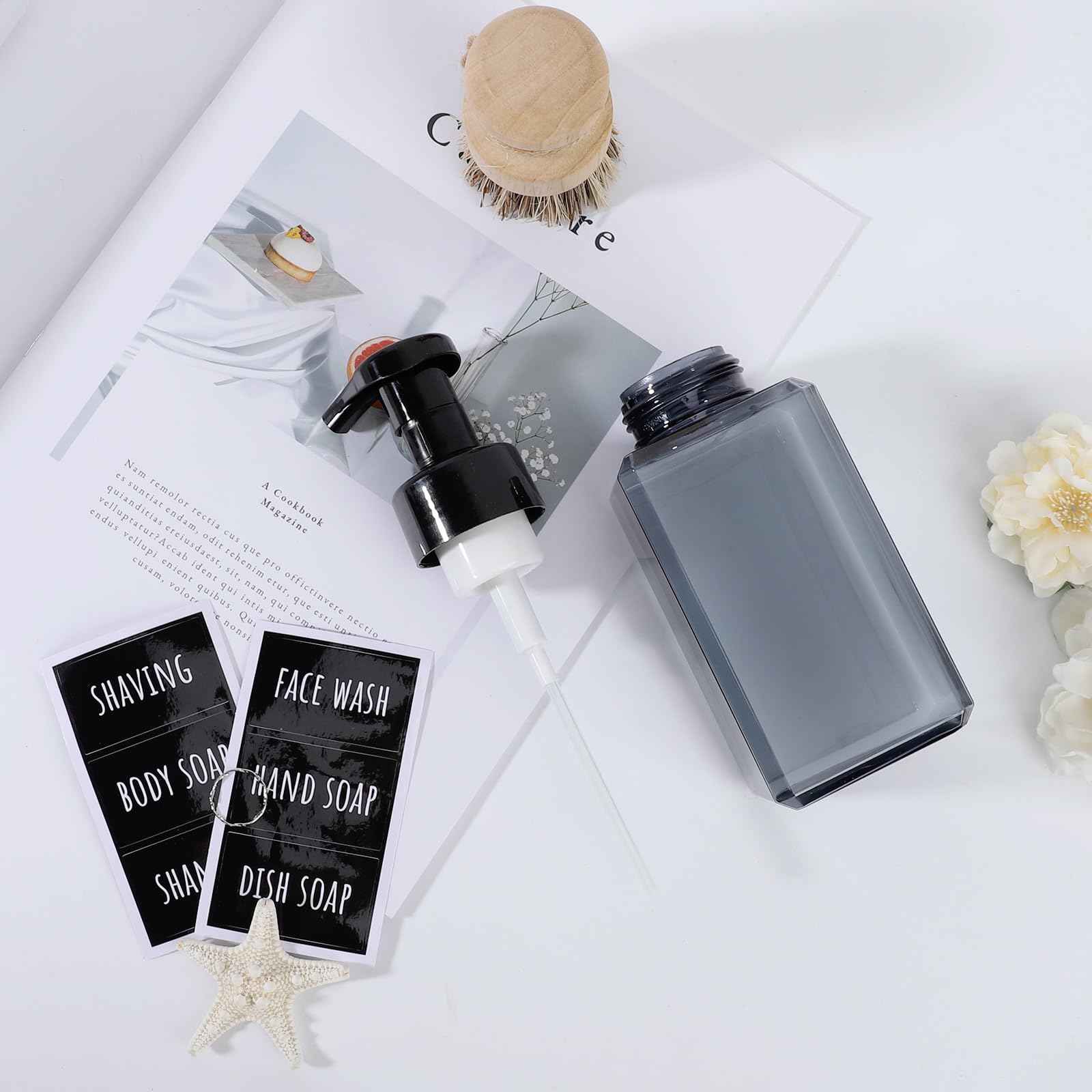 Segbeauty Empty Foam Soap Dispenser Pump Bottles 15.2oz 2pcs, Refillable Foaming Hand Soap Dispenser, 450ml Gray Foam Bottle with Waterproof Stickers, Plastic Square Liquid Foaming Container BPA Free