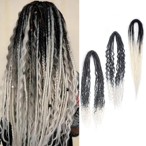 Lounoke 24 Inch Double Ended Dreadlock Extensions Sets, 20 Strands 3 In 1 Mixed Synthetic Dreads Extensions, Gray to White Straight&Curly&Boho Handmade Dreads Hippie Style Dreadlocks for Woman