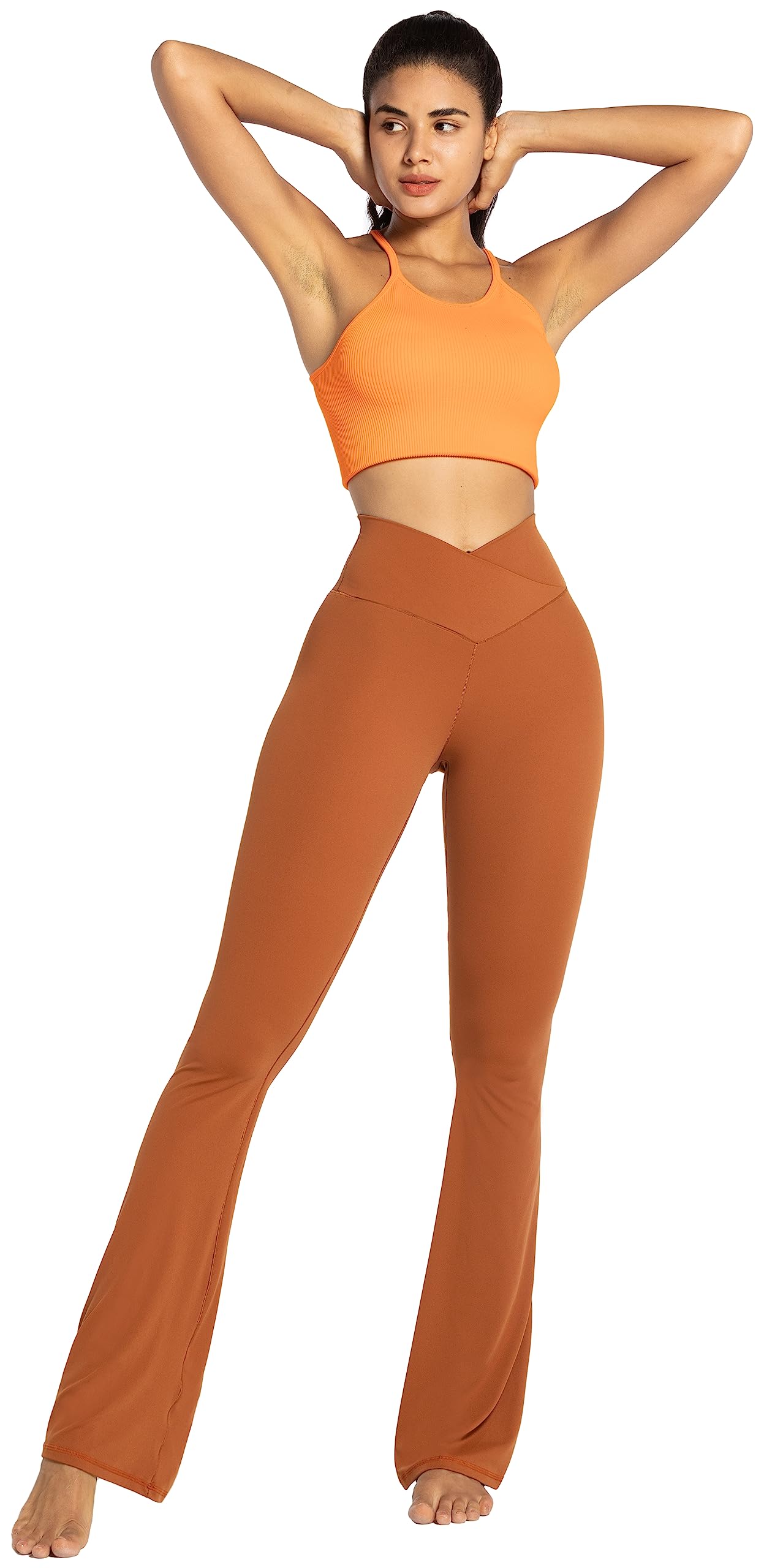 Sunzel Flare Leggings, Crossover Yoga Pants with Tummy Control, High-Waisted and Wide Leg, 30" Inseam, Coffee X-Small