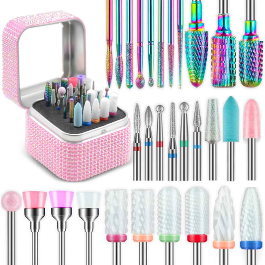 Nail Drill Bits Set with Storage Case: 30pcs 3/32 Inch Carbide Diamond Ceramic Professional Salon Kit for Acrylic Nails, Multi-Function for Women Nail Artists Manicure Pedicure (Pink)
