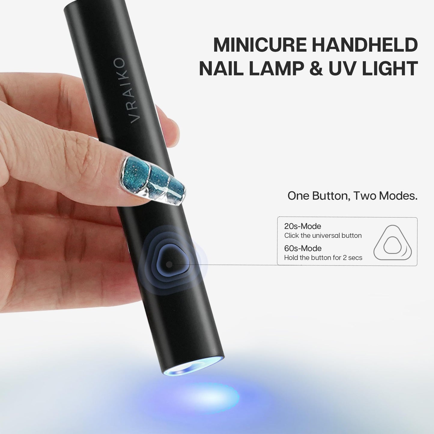 VRAIKO Minicure Handheld UV Light for Gel Nails, Portable UV Nail Lamp with Stand, Rechargeable Mini LED Nail Lamp Nail Dryer for Fast Curing (Black)