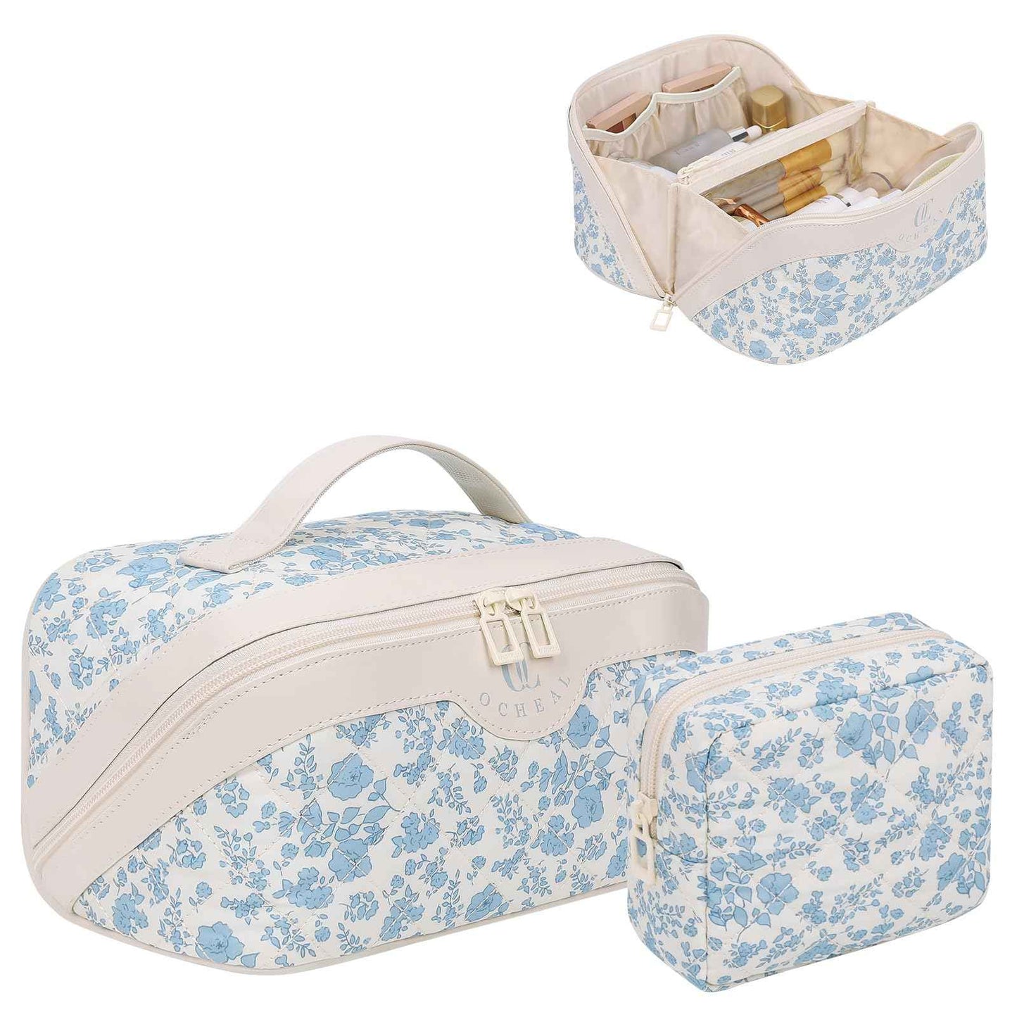 Travel Makeup Bag Organizer Cosmetic Bag, 2Pcs Floral Make up Bag Portable Pouch Open Flat Pouch Clear Divider and Handle
