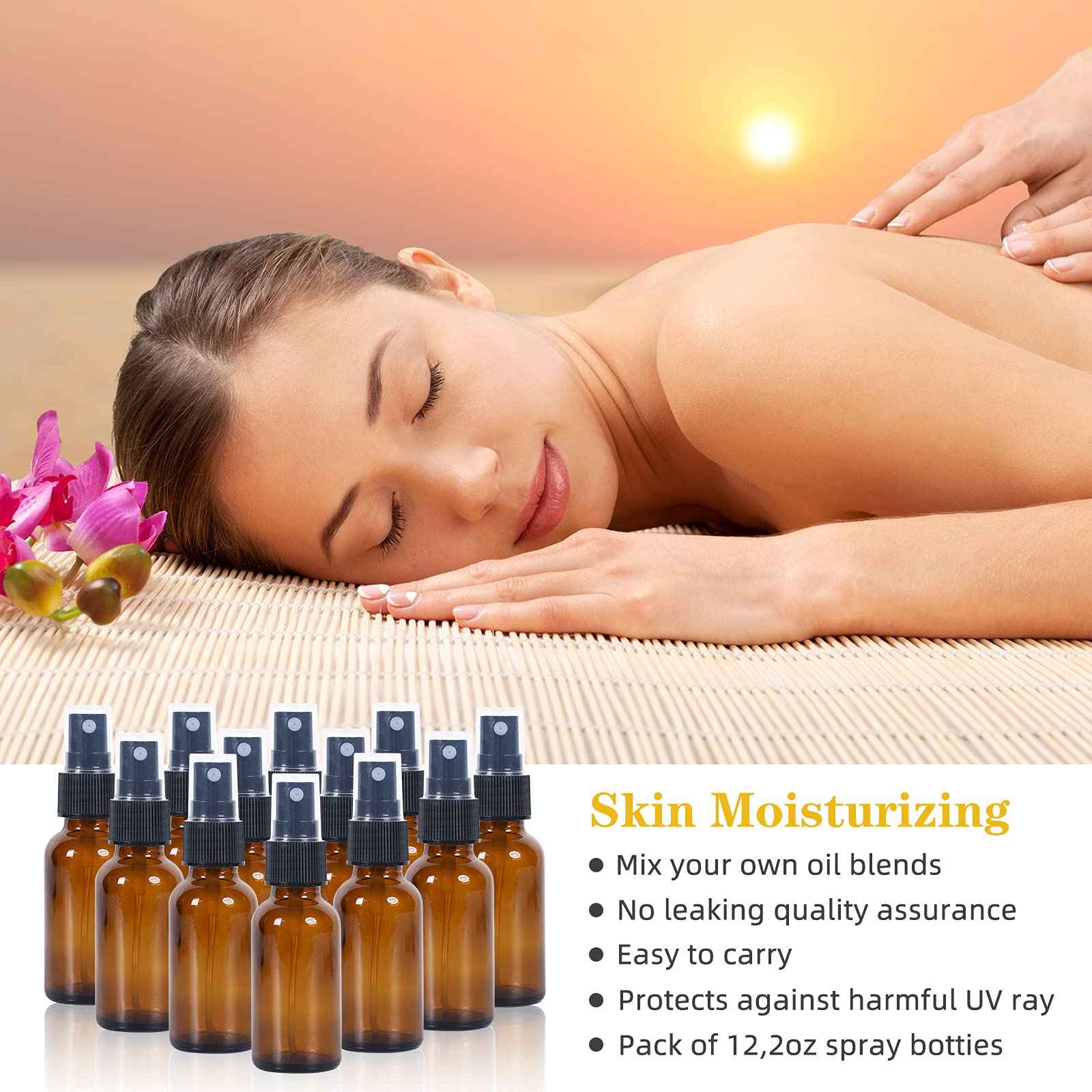 YONKAN 2oz Glass Spray Bottle, Fine Mist Boston Glass Bottles with Black Fine Mist Sprayer Small Clear Bottles for Essential Oils, Bath, Beauty, Hair & Cleaning, Amber, Pack of 12