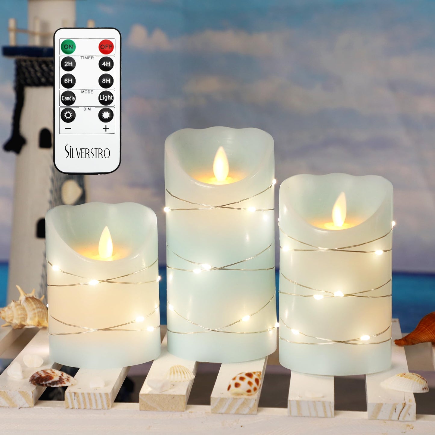 Silverstro Christmas Nautical Flameless Candles with String Lights Moving Wick Ocean Blue Battery Operated Candles with Remote Control & Timer - Home Farmhouse Holiday Thanksgiving Decor - Set of 3