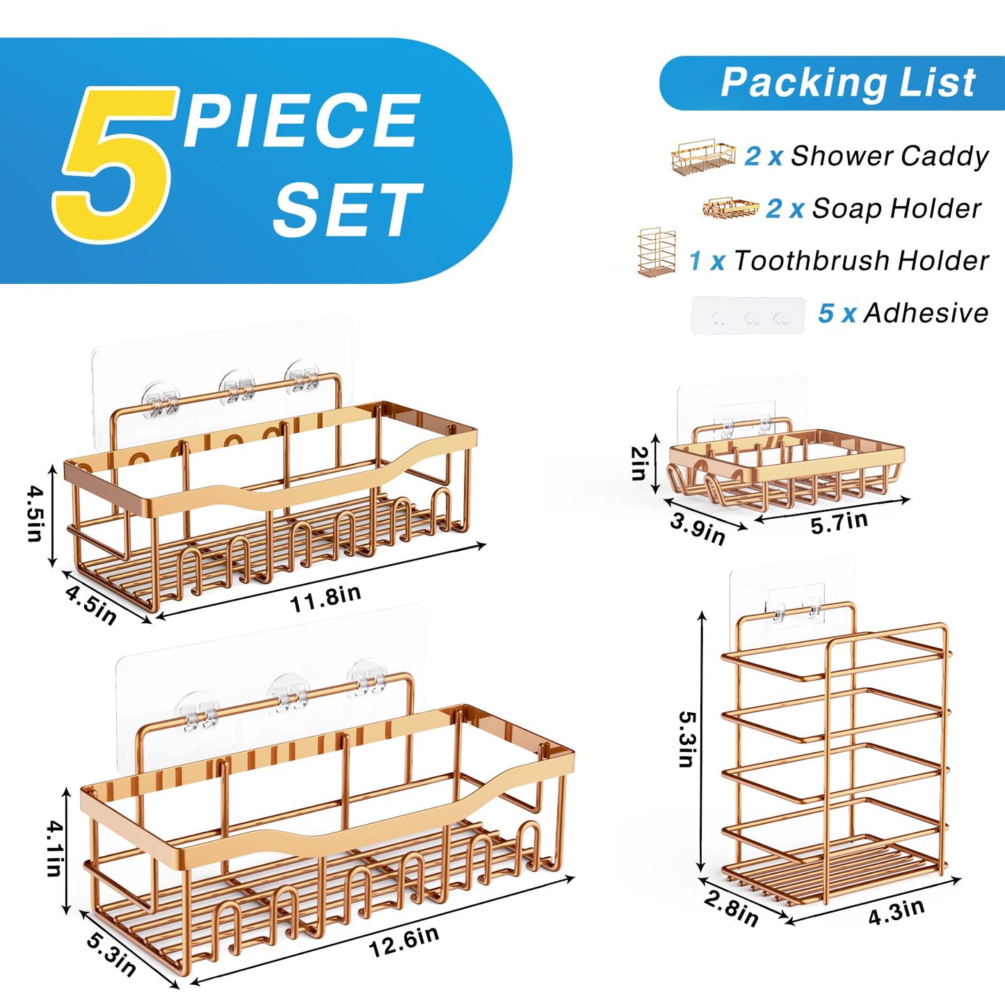 Shower Caddy 5 Pack,Adhesive Shower Organizer for Bathroom Storage&Home Decor&Kitchen,No Drilling,Large Capacity,Rustproof Stainless Steel Bathroom Organizer,Shower Shelves for Inside Shower-Larger