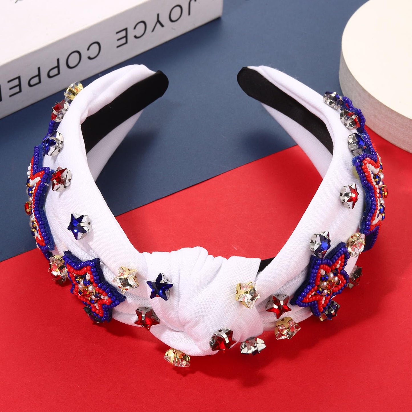 CEALXHENY 4th of July Headbands for Women, American Flag Patriotic Rhinestone Pearl Knotted Beads Embellished Jeweled White Headband Holiday Gifts