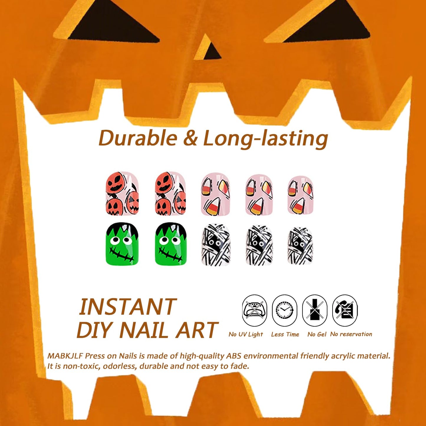 Halloween Press on Nails Short Square Petite Fake Nails Full Cover Little Monster False Nails with Pumpkin Mummy Designs Cute Acrylic Nails Glossy Glue on Nails Artificial Nails for Women Girls 24Pcs