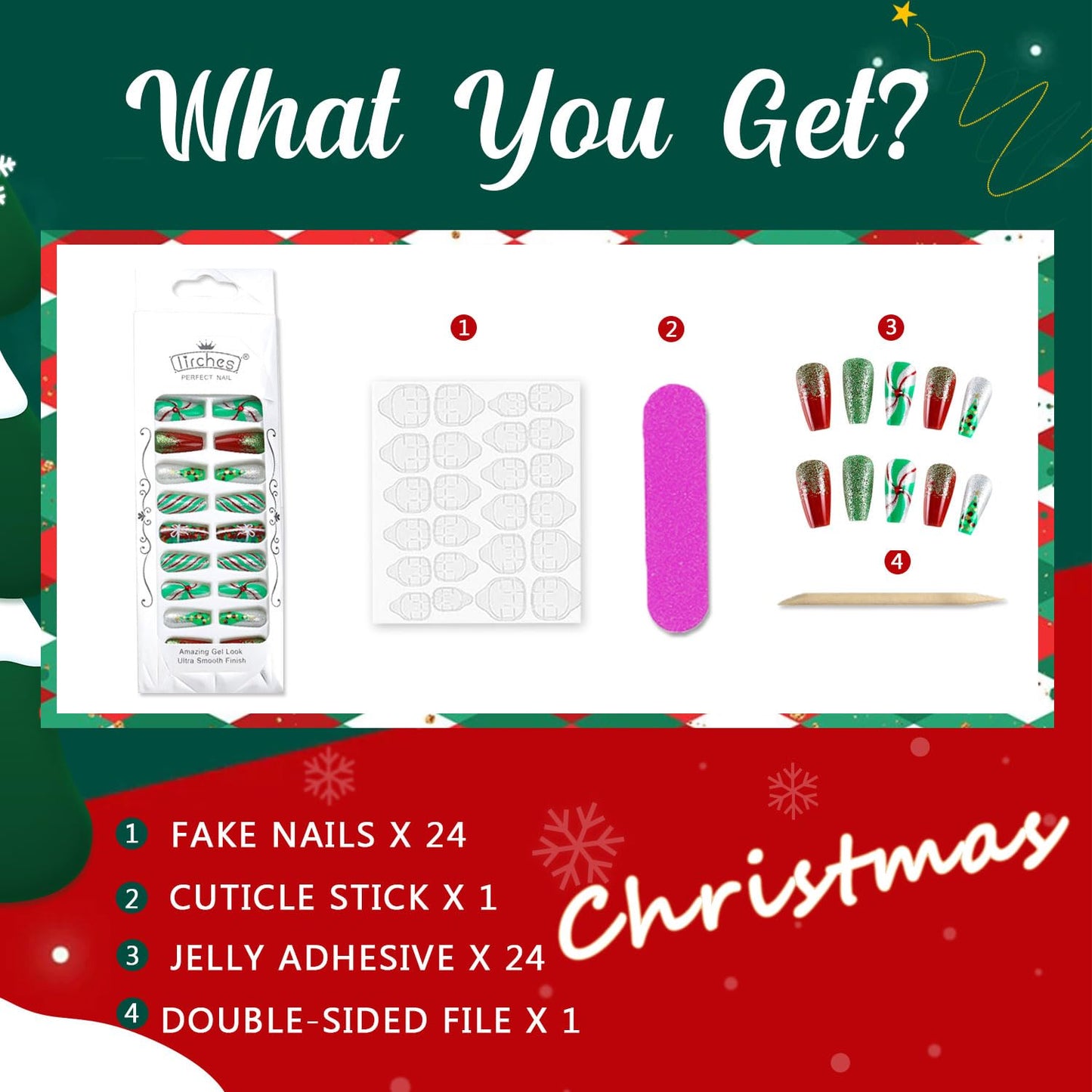 Christmas Press on Nails Medium Length Square Christmas Fake Nails Xmas Green Red Sliver False Nails Glitter Gift Christmas Tree Design Acrylic Full Cover Glue on Nails for Women Girls 24Pcs