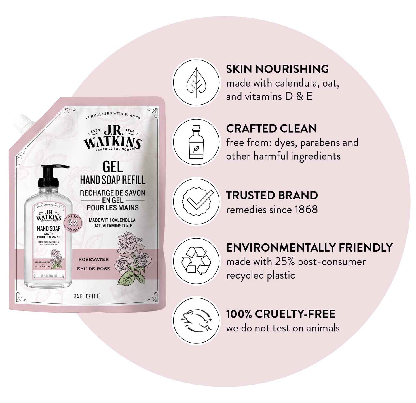 J.R. Watkins Rosewater Liquid Hand Soap Refill Pouch 1 L