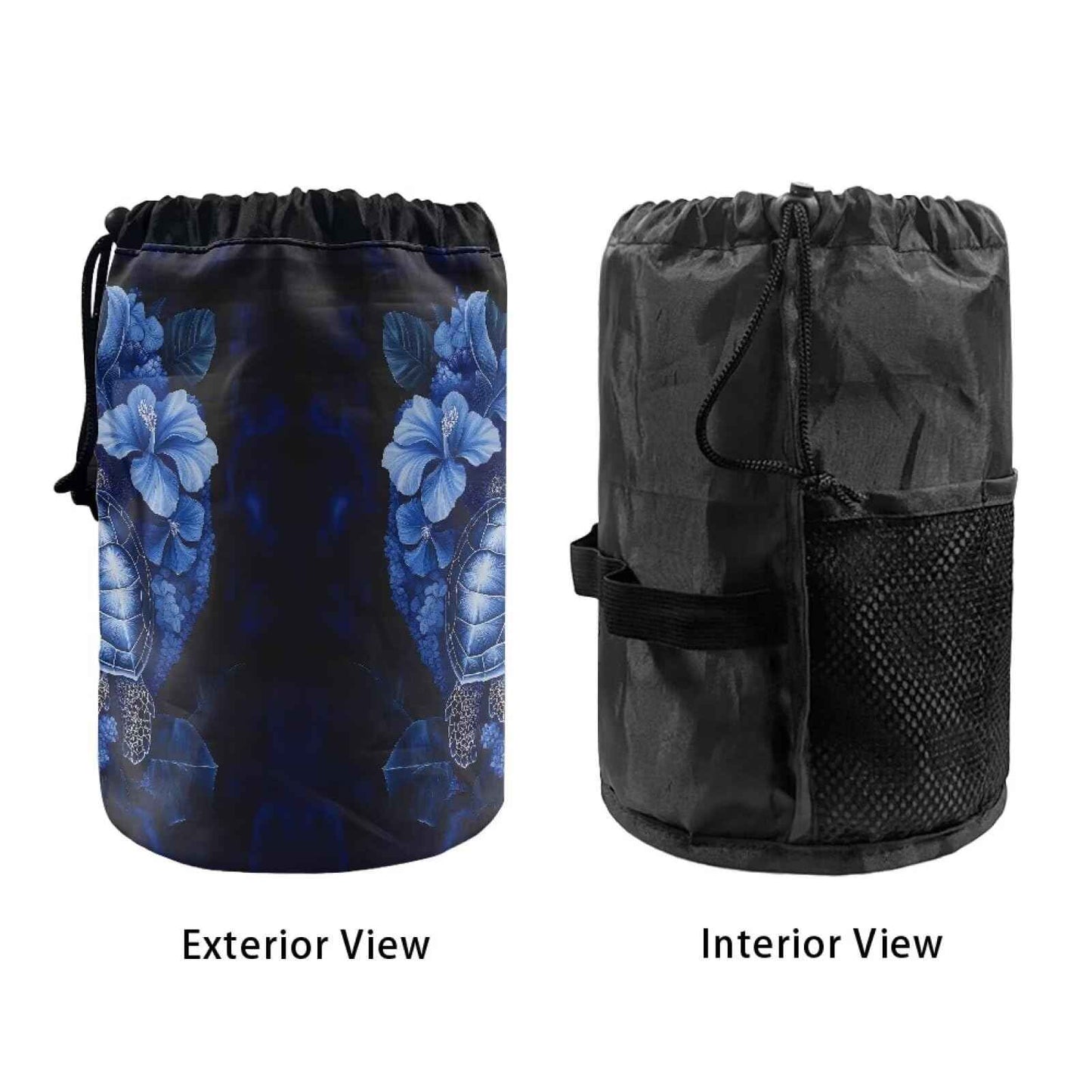 Poceacles Sea Turtle Flower Blue Makeup Bag for Women, Foldable Portable Storage Bag Drawstring Cosmetic Bags Barrel Toiletry Case Organizer Travel Accessories Bag