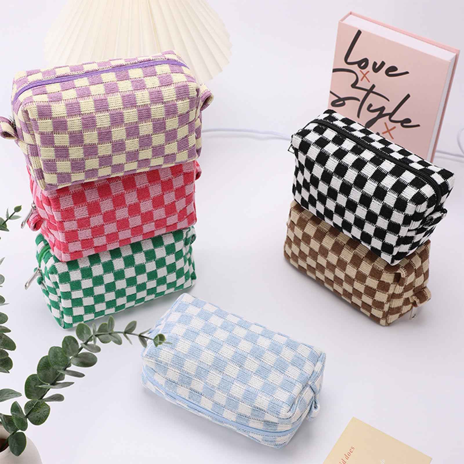 EYNDYN 12 PCS Checkered Makeup Bag Cosmetic Bag for Women Checkered Pouch Plaid Makeup Bag for Women Large Capacity Pencil Case Makeup Brushes Storage Bag Travel Toiletry Bag Organizer