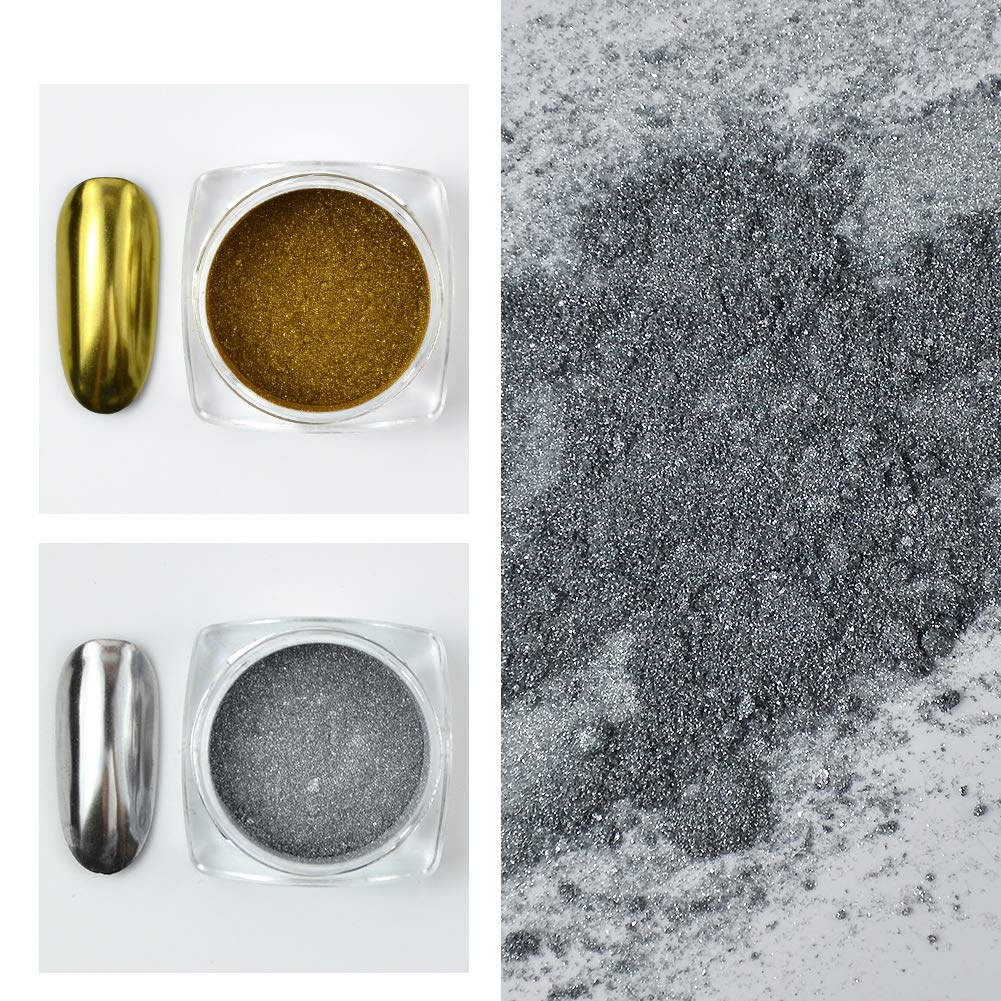 Metallic Chrome Powder, 2 Jars Nail Art Mirror Glitter Effect Chrome Pigment Powder Dust Gold Silver Chrome Nail Powder Manicure Tips with Sponge Applicators