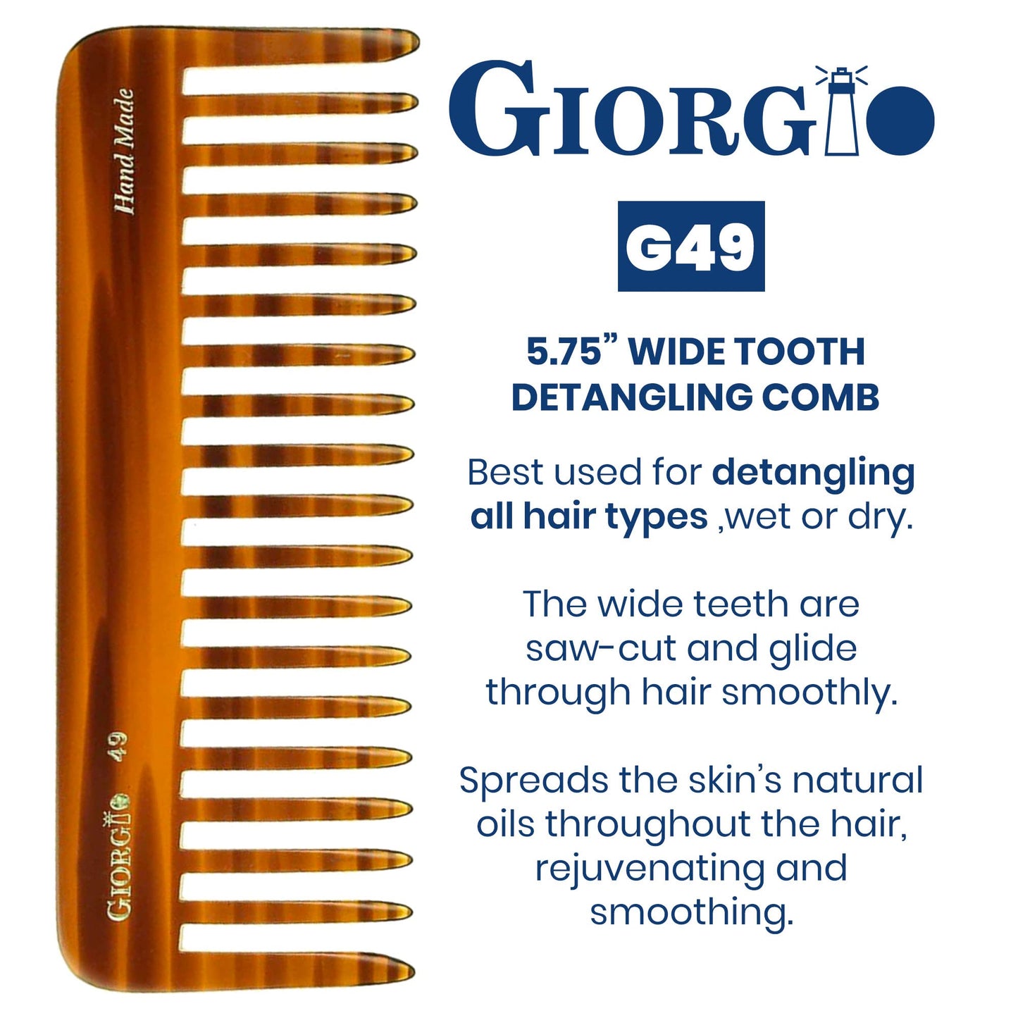 Giorgio G49 Large 5.75 Inch Hair Detangling Comb, Wide Teeth for Thick Curly Wavy Hair. Long Hair Detangler Comb For Wet and Dry. Handmade of Quality Cellulose, Saw-Cut, Hand Polished, Tortoise Shell