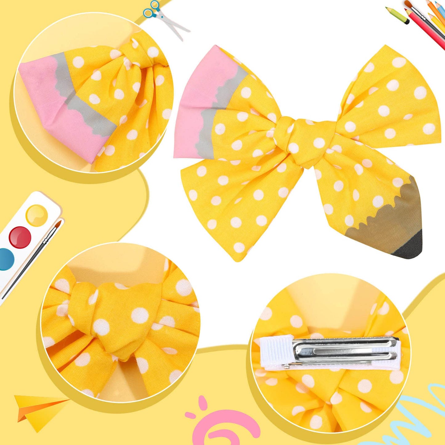 2PCS Back to School Pencil Cheer Hair Bows, Oaoleer Linen Yellow Pencil Hair Bows Clips for Girls Toddler Kids Kindergarten 1st 2nd 3rd 4th 5th Grade (Type A)