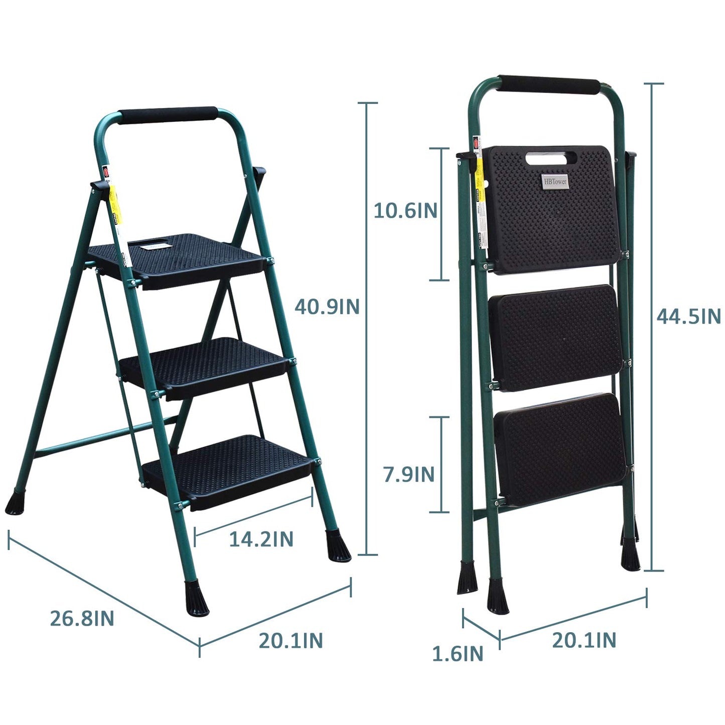 HBTower 3 Step Ladder, Folding Step Stool with Wide Anti-Slip Pedal, 500 lbs Sturdy Steel Ladder, Convenient Handgrip, Lightweight, Portable, Green and Black