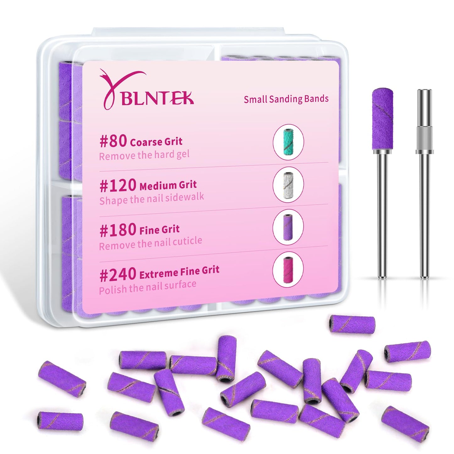 YBLNTEK Sanding Bands for Nail Drill, 80 Pcs Small Sanding Bands with 3.1mm Mandrel Bit, 180 Fine Grit Nail Sanding Bands for Acrylic Nails Gel Removing Nail Salon Home Use, Purple