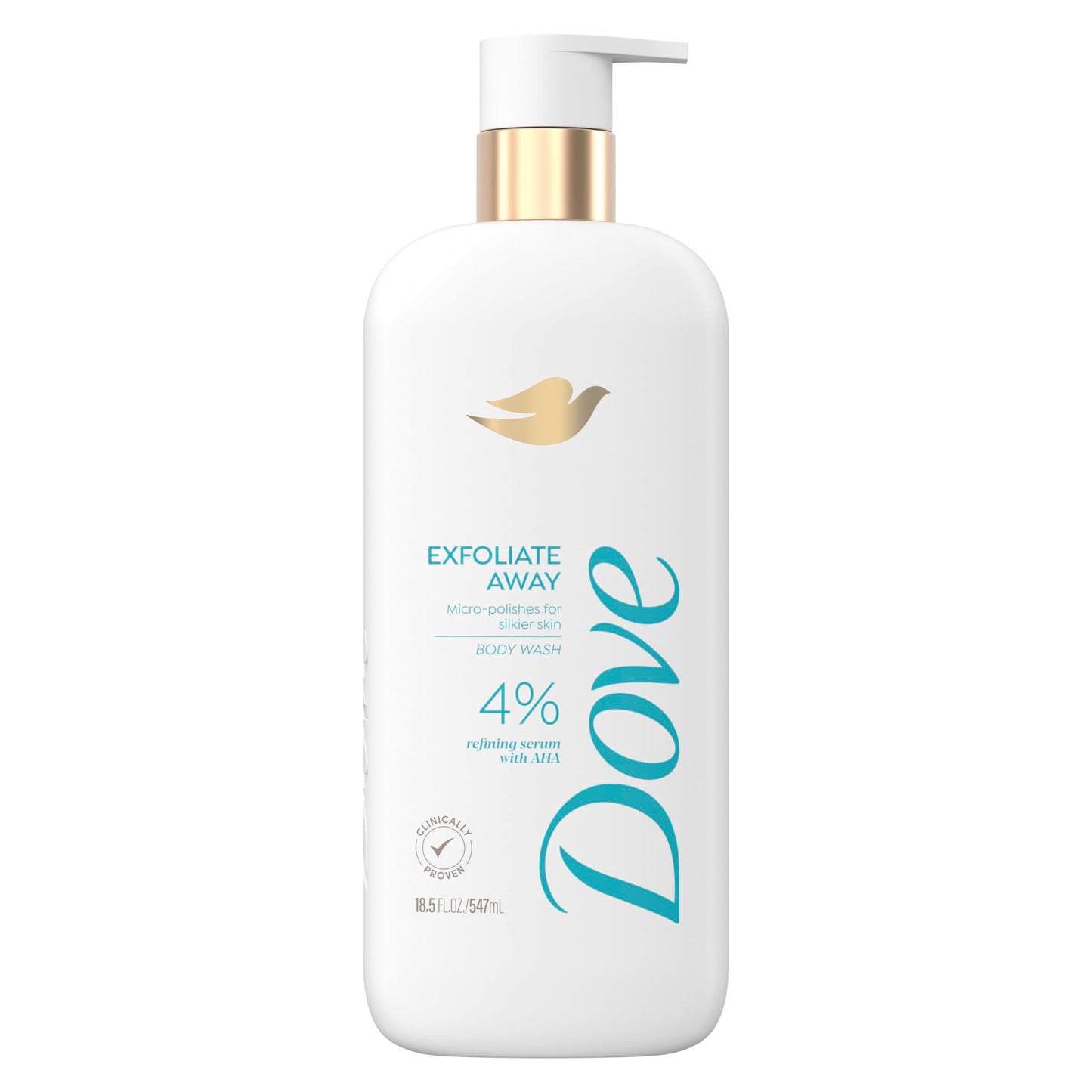 Dove Body Wash Hydration Boost Actively drenches dry skin 6% hydration serum with hyaluronic 18.5 oz & Body Wash Exfoliate Away Micro-polishes for silkier skin 4% refining serum with AHA 18.5 oz