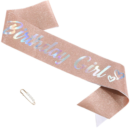 ZHBDPaty 'Birthday Girl' Sash with Pear Pin - Gold Cloth Glitter Sash for Women - Happy Birthday Sash for Bday Party (RosePink)