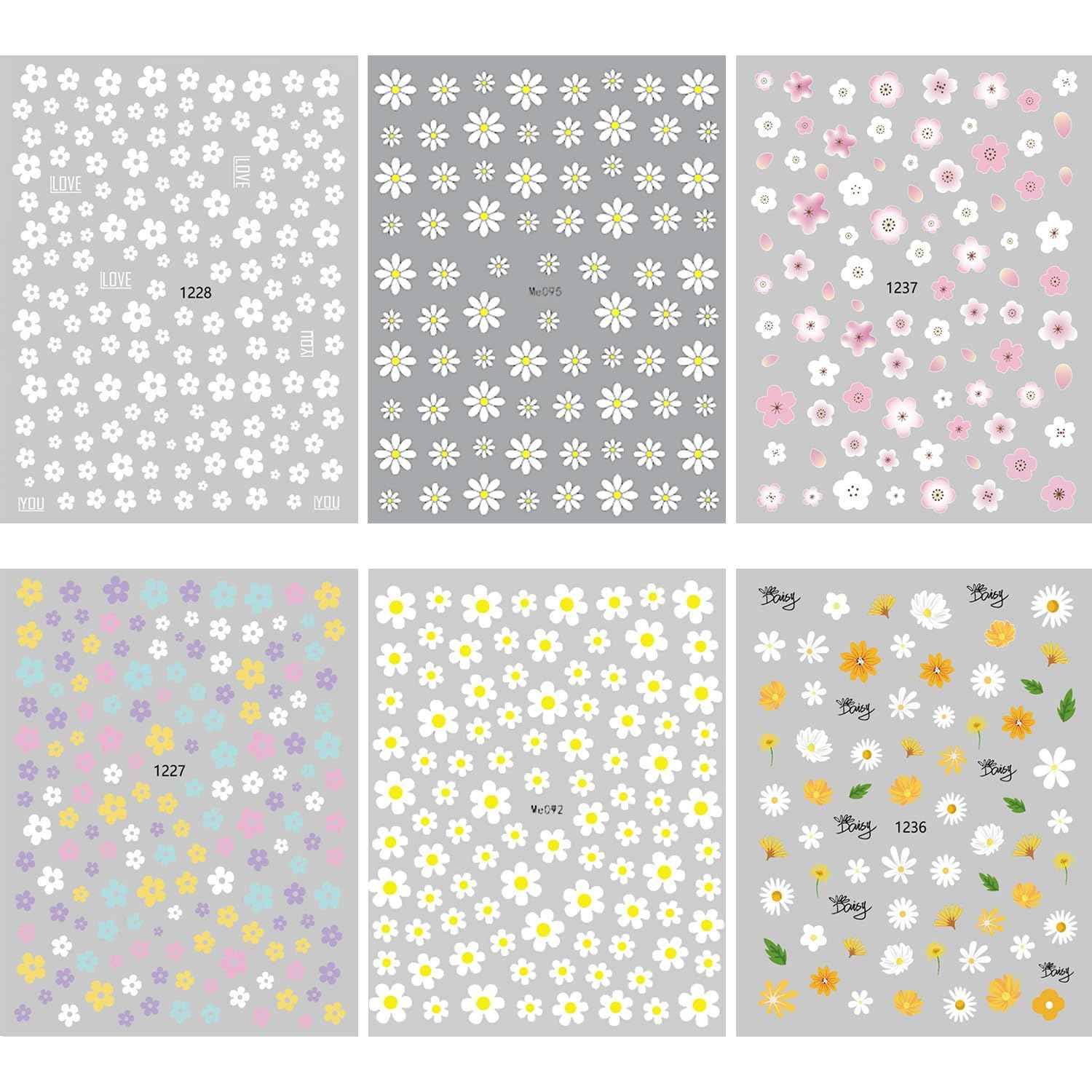 Flower Nail Art Stickers, Floral Daisy Nail Decals 3D Self-Adhesive Pink White Cute Daisy Small Flower Spring Summer Nail Design Manicure Tips Nail Decor Accessories for Women Girls(6Sheets)