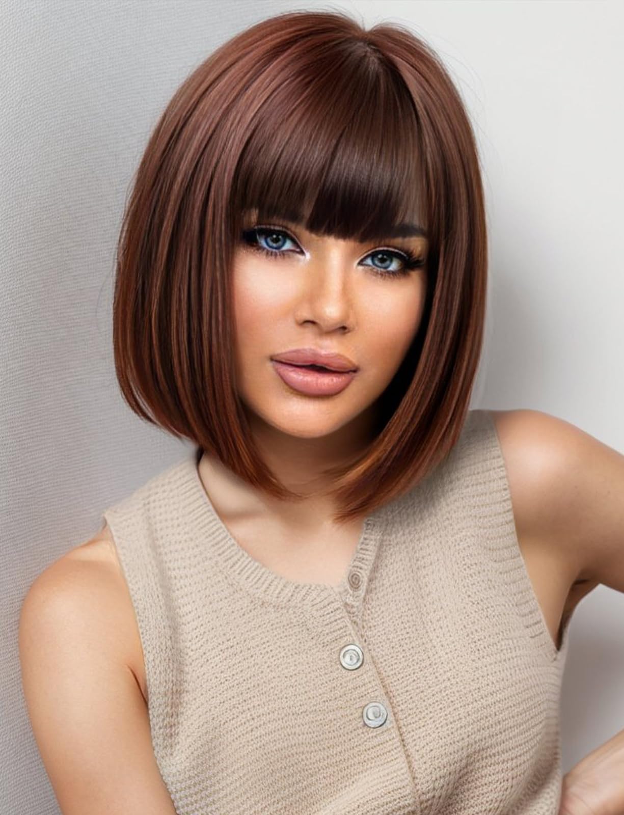 Getshow Brown Bob Wigs for Women,Synthetic Wig with Bangs