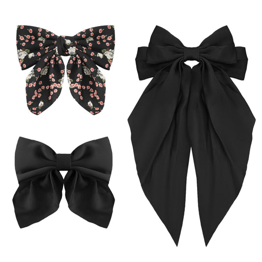 Drnytunk Bow Hair Clips for Women Girls Satin Hair Ribbon Clips Bowknot Barrettes,3PCS Tassel Hair Bowknot Clips Printed Bow Hair Clips Long-tail Hair Bows Cute Hair Accessories,Black