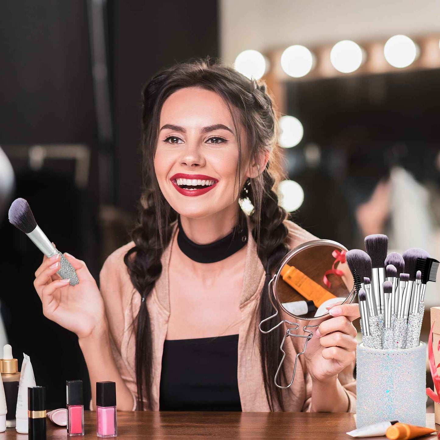 Nuogo 13 Pcs Rhinestone Makeup Brushes Set 12 Bling Crystal Professional Face Cosmetics Blending Liquid Foundation Powder Concealer Eye Shadows Make up Beauty Tool Glitter with 1 Holder