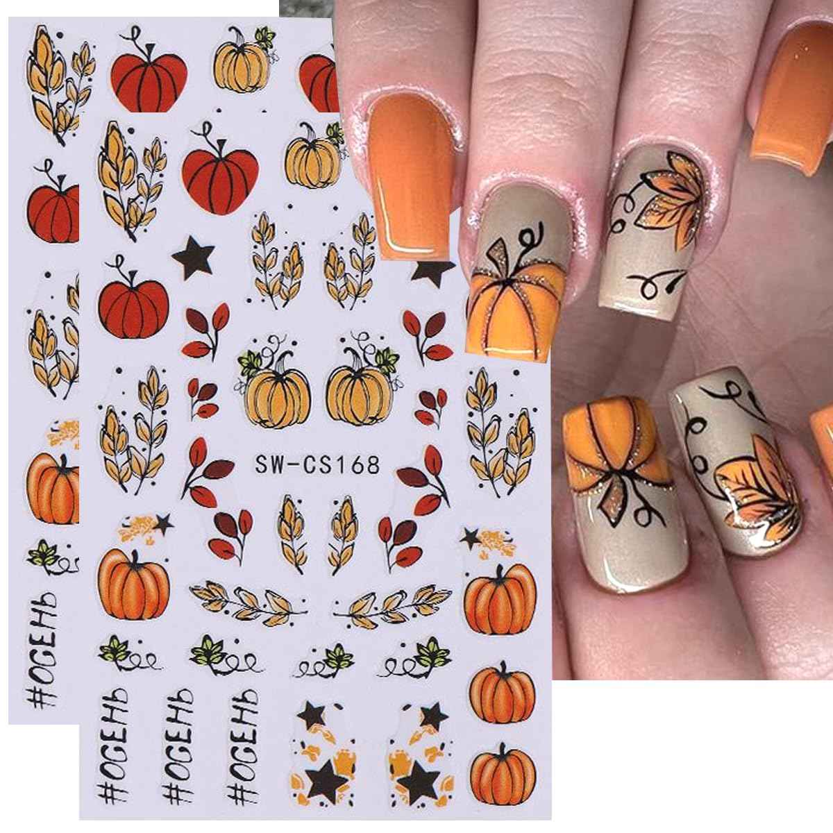 6Sheets Fall Pumpkin Nail Stickers,3D Thanksgiving Day Nail Art Stickers Autumn Maple Leaves Fruit Fallen Leaves Sunflower Design Decals Halloween Holiday DIY Manicure Decoration Accessories