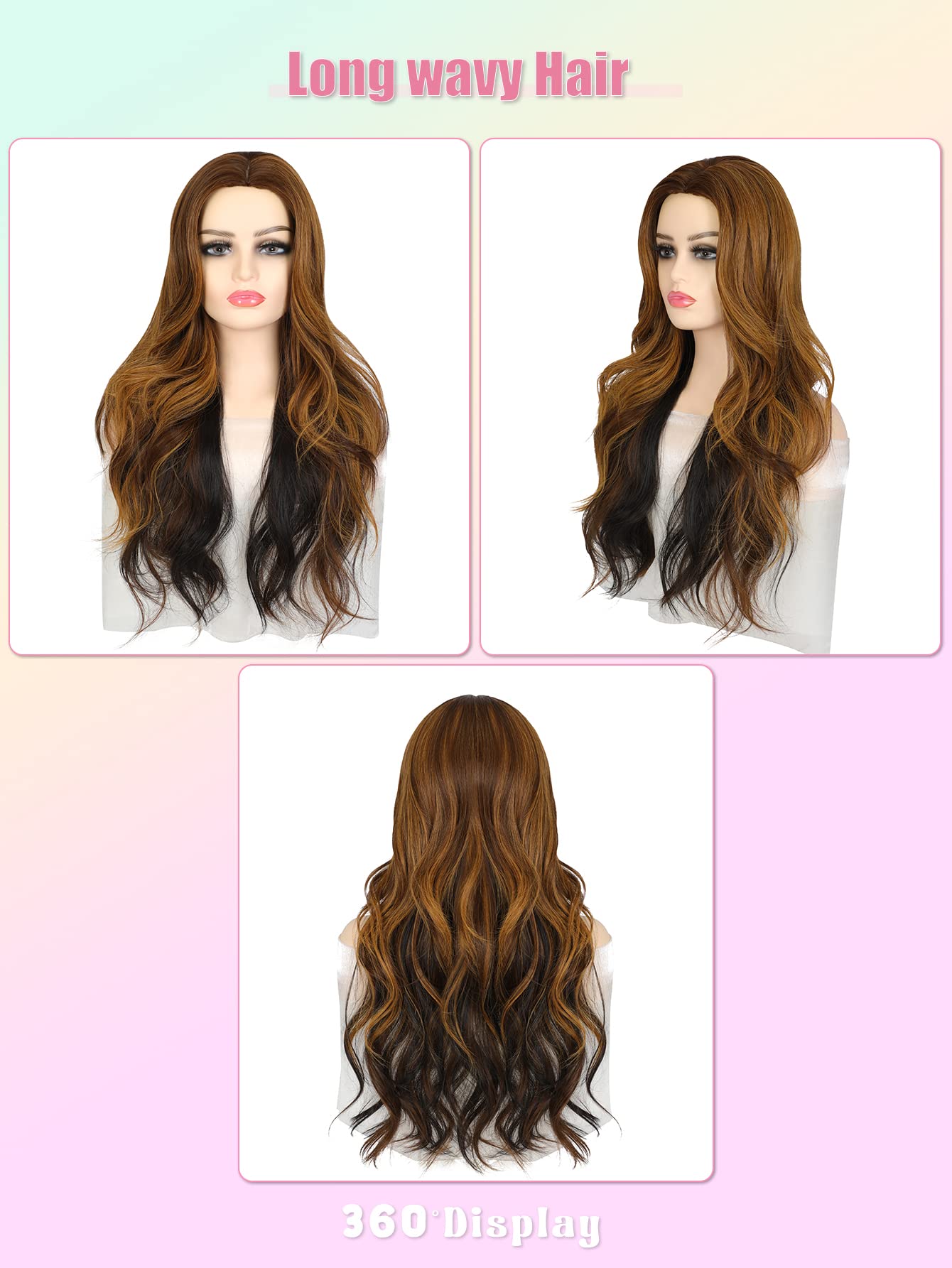 Jinnhelun Long Wavy Wigs for Women Synthetic Hair Wig Natural Look Middle Part Wigs for Daily Use (Ombre brown XXT)