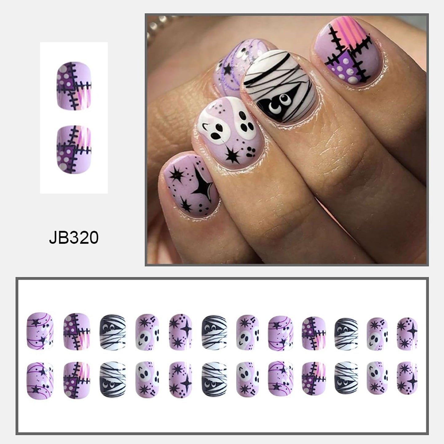 Halloween Press on Nails Short Square Mummy Fake Nails Purple Full Cover Skull Patch False Nails with Stars Designs Glossy Glue on Nails Cute Acrylic Nails Artificial Nails for Women Girls 24Pcs