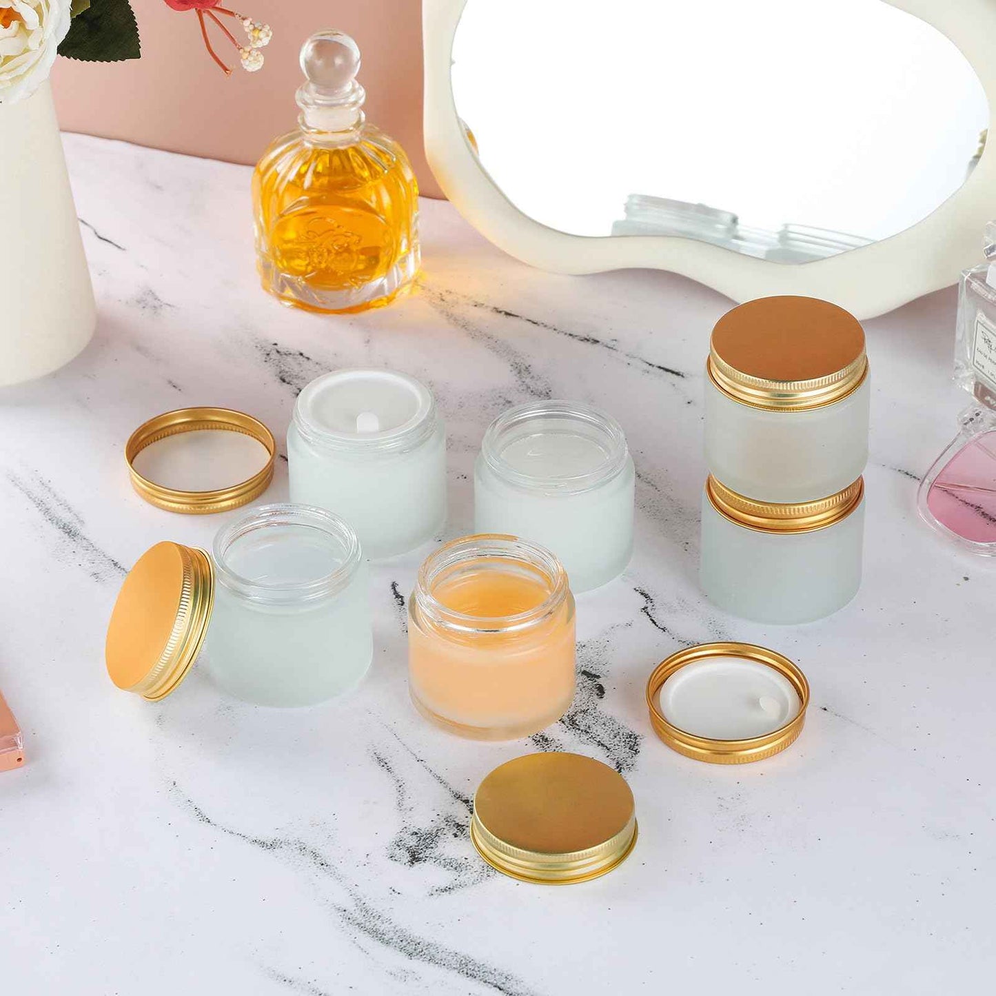 RAMFIYN 24 pack Small Clear Frosted Glass Cosmetic jars with Golden Metal Lids 2oz Bulk for Sample Lotion Cream Travel Jar Cosmetic Container