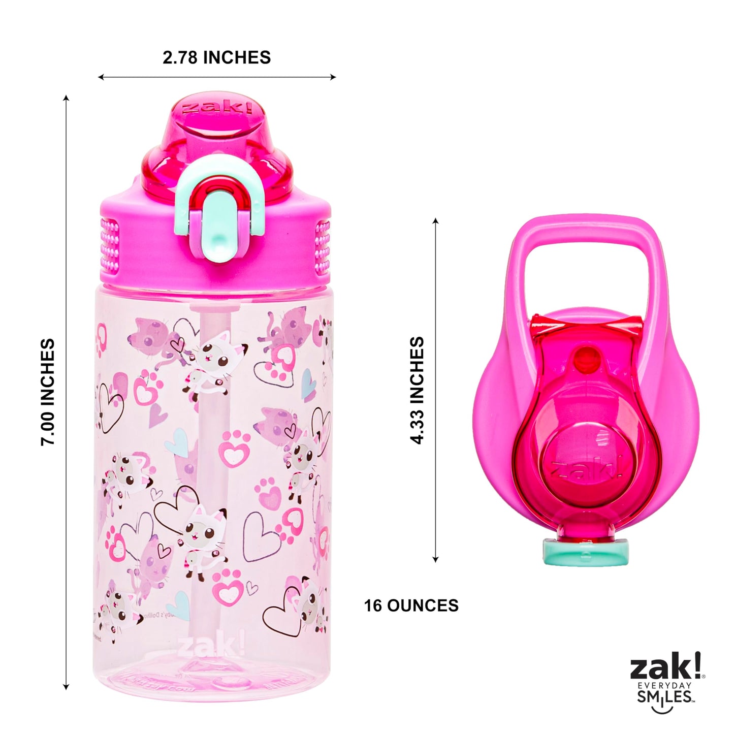 Zak Designs Sage DreamWorks Gabby's Dollhouse Kids Water Bottle For School or Travel, 16oz Durable Plastic Water Bottle With Straw, Handle, and Leak-Proof, Pop-Up Spout Cover (Pandy Paws)