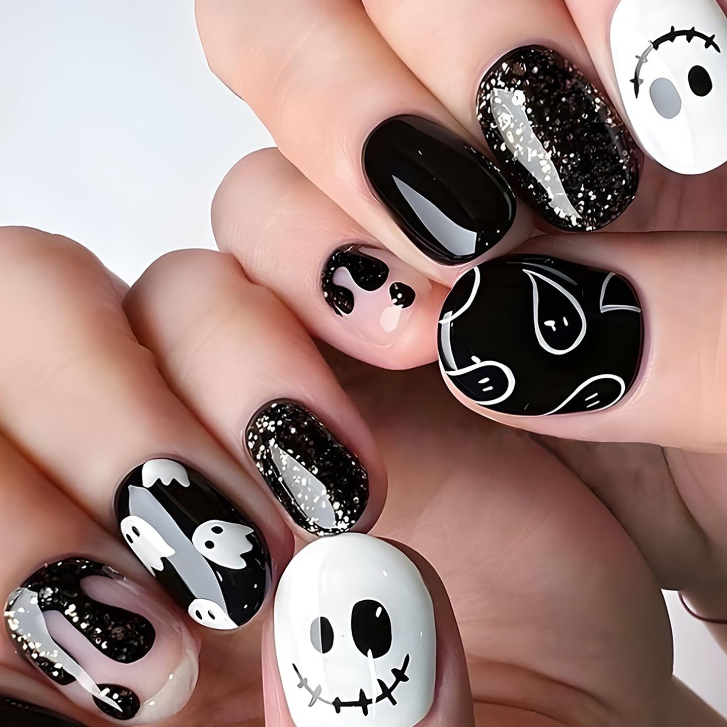 Halloween Press on Nails Short Square Fake Nails Full Cover Nightmare Before Christmas False Nails with Ghost Blood Designs Cute Acrylic Nails Glossy Glue on Nails Artificial Nails for Women Girls