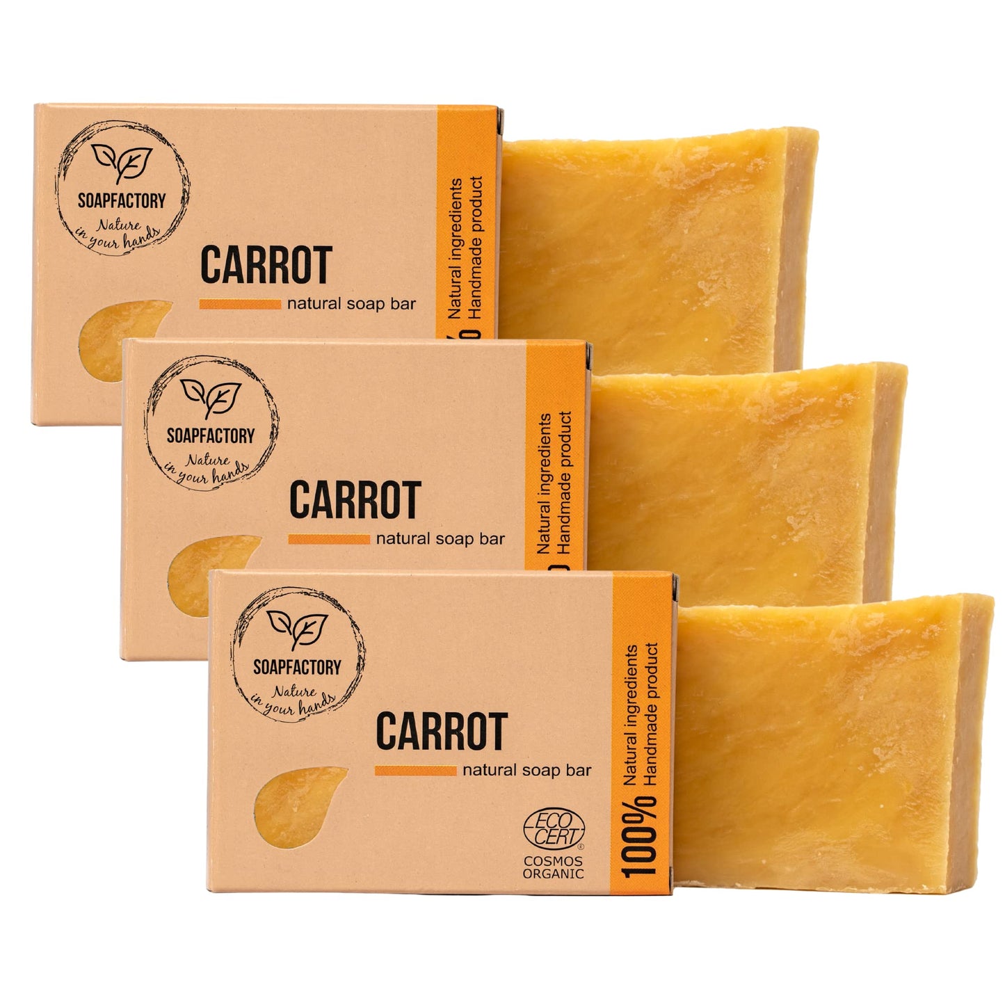 SoapFactory Organic Carrot Soap Bar for Men and Women, 100% Natural Facial Cleanser, Face and Body, Vegan, Cruelty Free, Handmade, 3.88 ounce (Pack of 3)