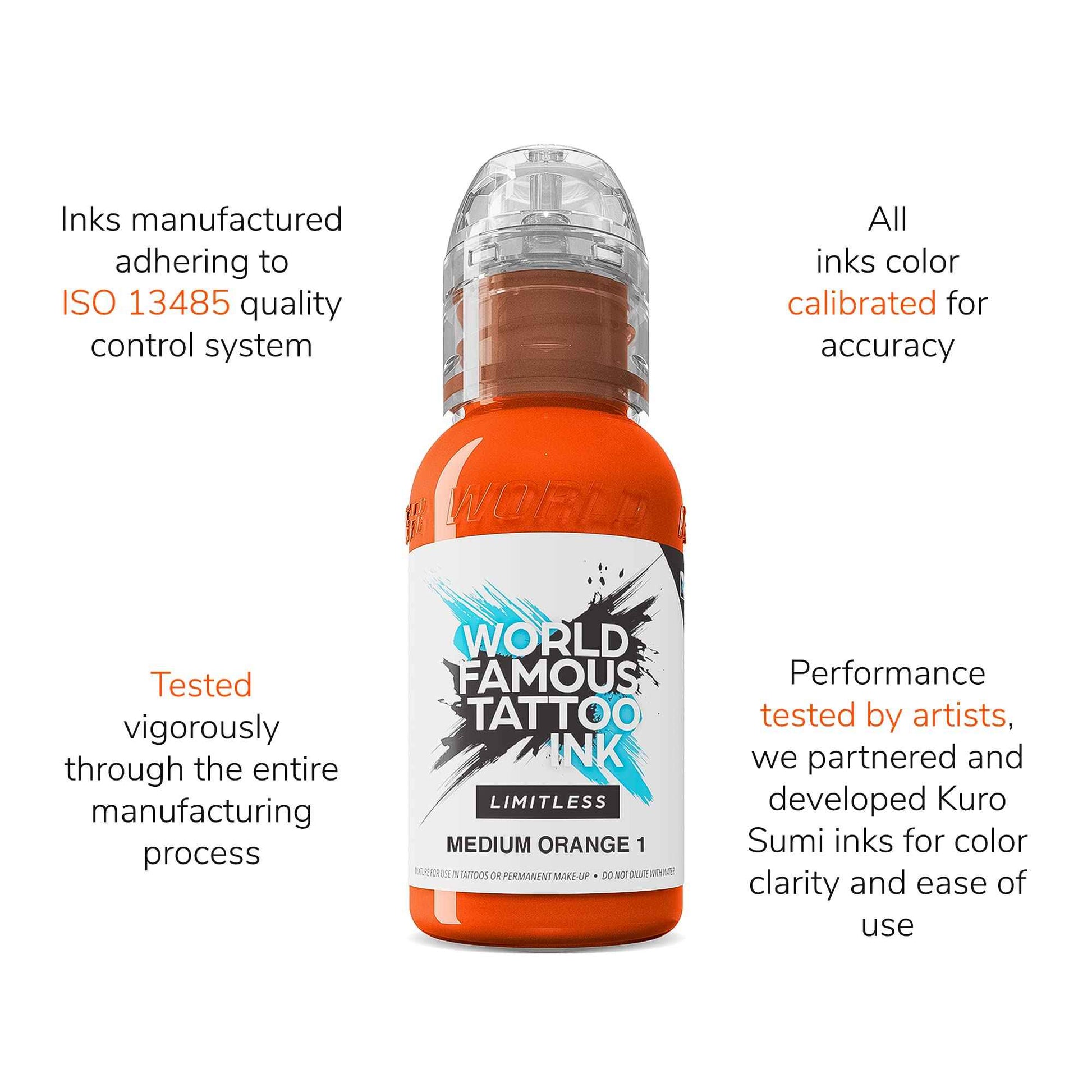 World Famous Tattoo Ink Limitless - Medium Orange 1 - Professional Tattoo Ink & Tattoo Supplies - Skin-Safe Permanent Tattooing in Bold Shades - Vegan & Non-Toxic (1 oz)