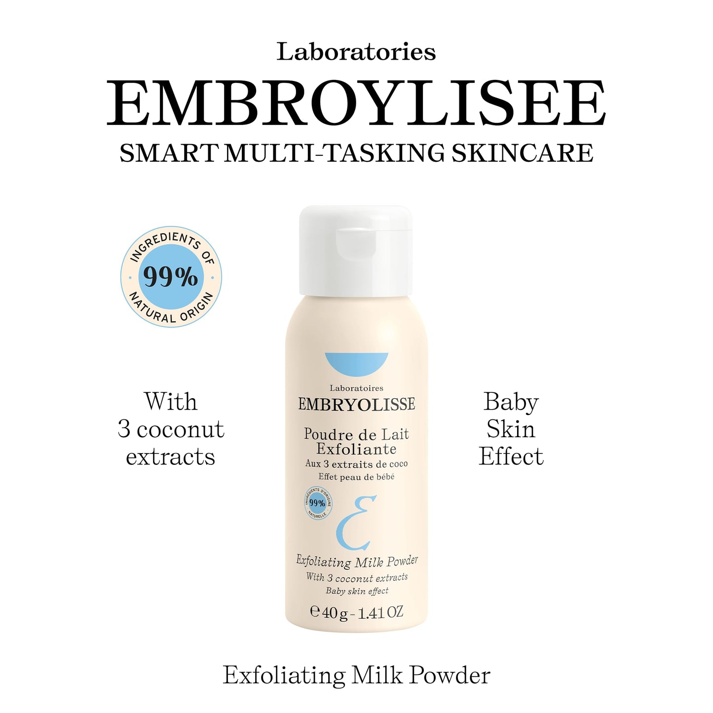 Embryolisse Exfoliating Face Scrub Powder - Facial Cleanser that Exfoliates, Tones and Softens the Skin - With Coconut & Milk Powder - for All Skin Types, Even Sensitive, 1.41 Oz