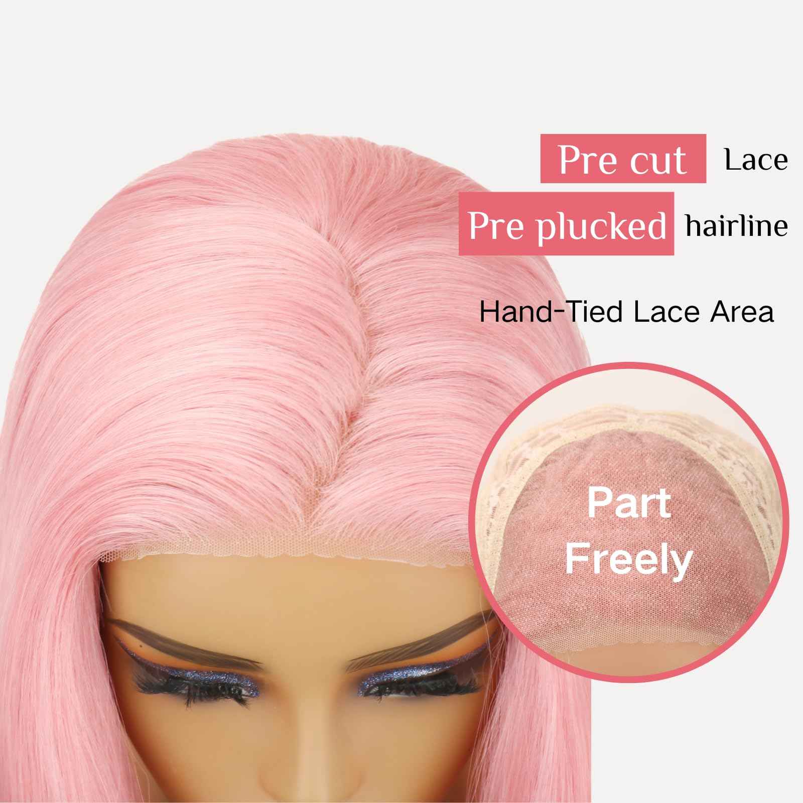 Kmzbasg Pink Lace Front Wig for Women Pre-Plucked Pre Cut Glueless Long Straight Layered Synthetic Ready to Wear Wig 4x6 HD Lace for Girls Party Cosplay and Daily Use 26 Inch