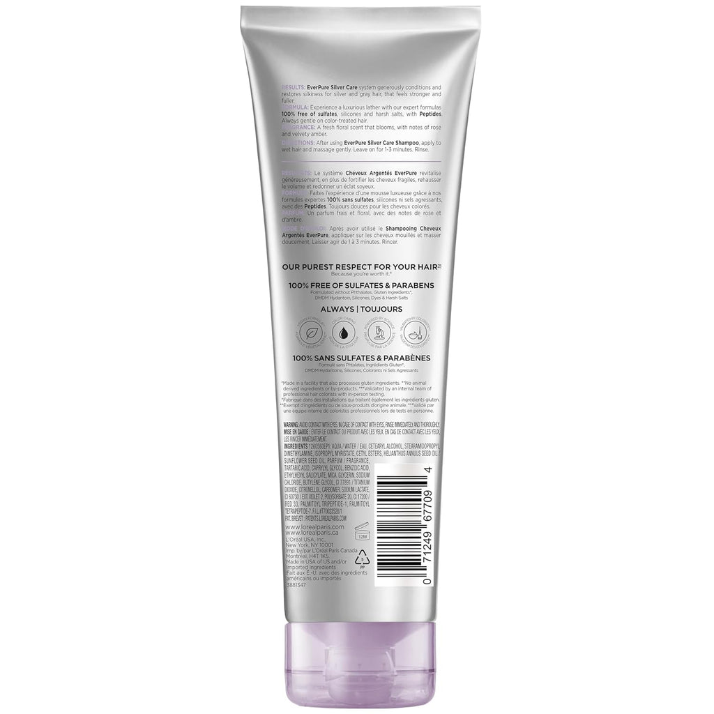 L'Oreal Paris EverPure Silver Care Sulfate Free Conditioner, Brightening and Nourishing Hair Care for Gray and Silver Hair, Vegan Formula with Peptides, 8.5 Fl Oz