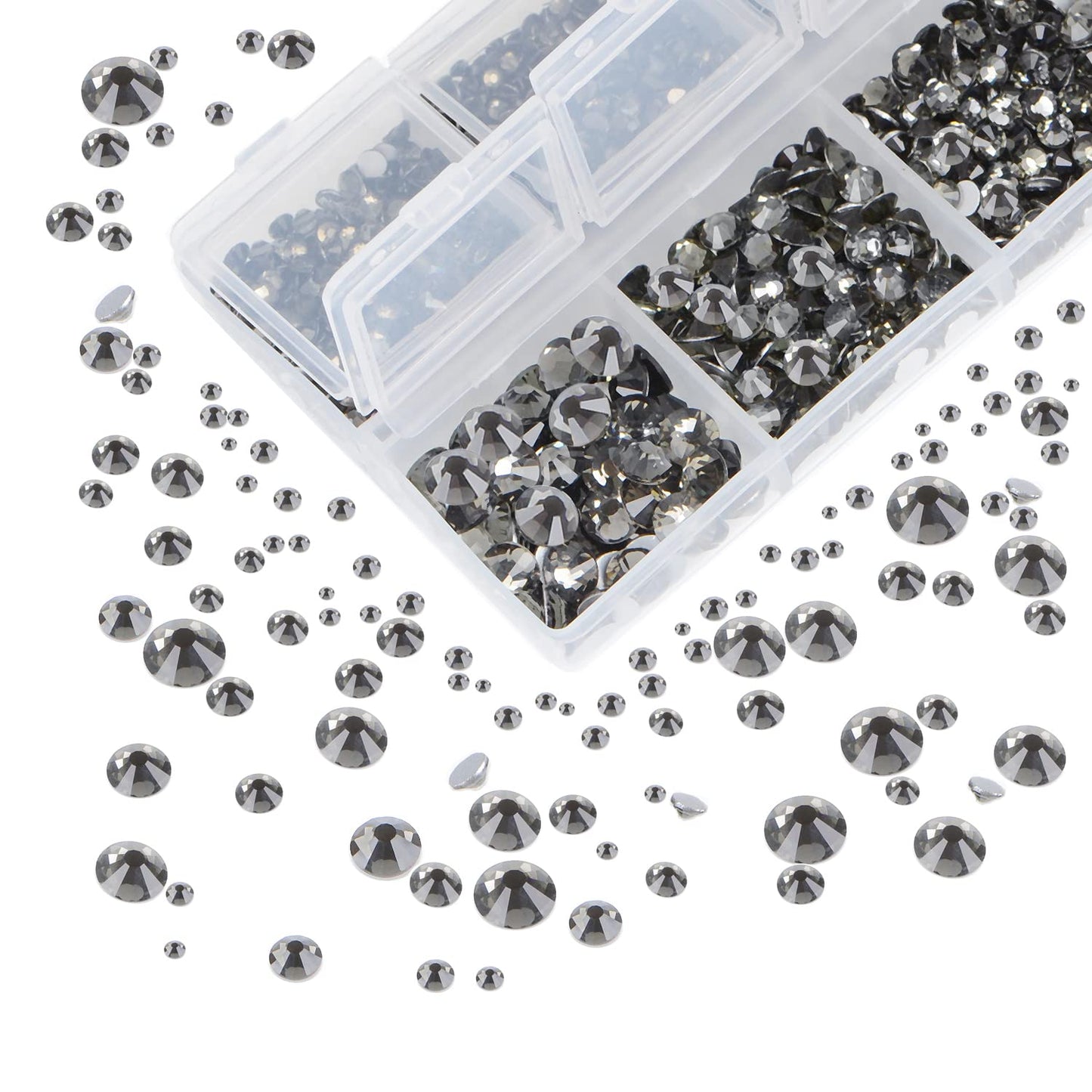 AD Beads 4300 Pieces Flat Back Nail Art Rhinestones Round Beads 6 Sizes (2-6.5mm) with Storage Organizer Box,Rhinestones Picking Pen for Nail Art Phone Decorations Crafts DIY (Black Diamond)