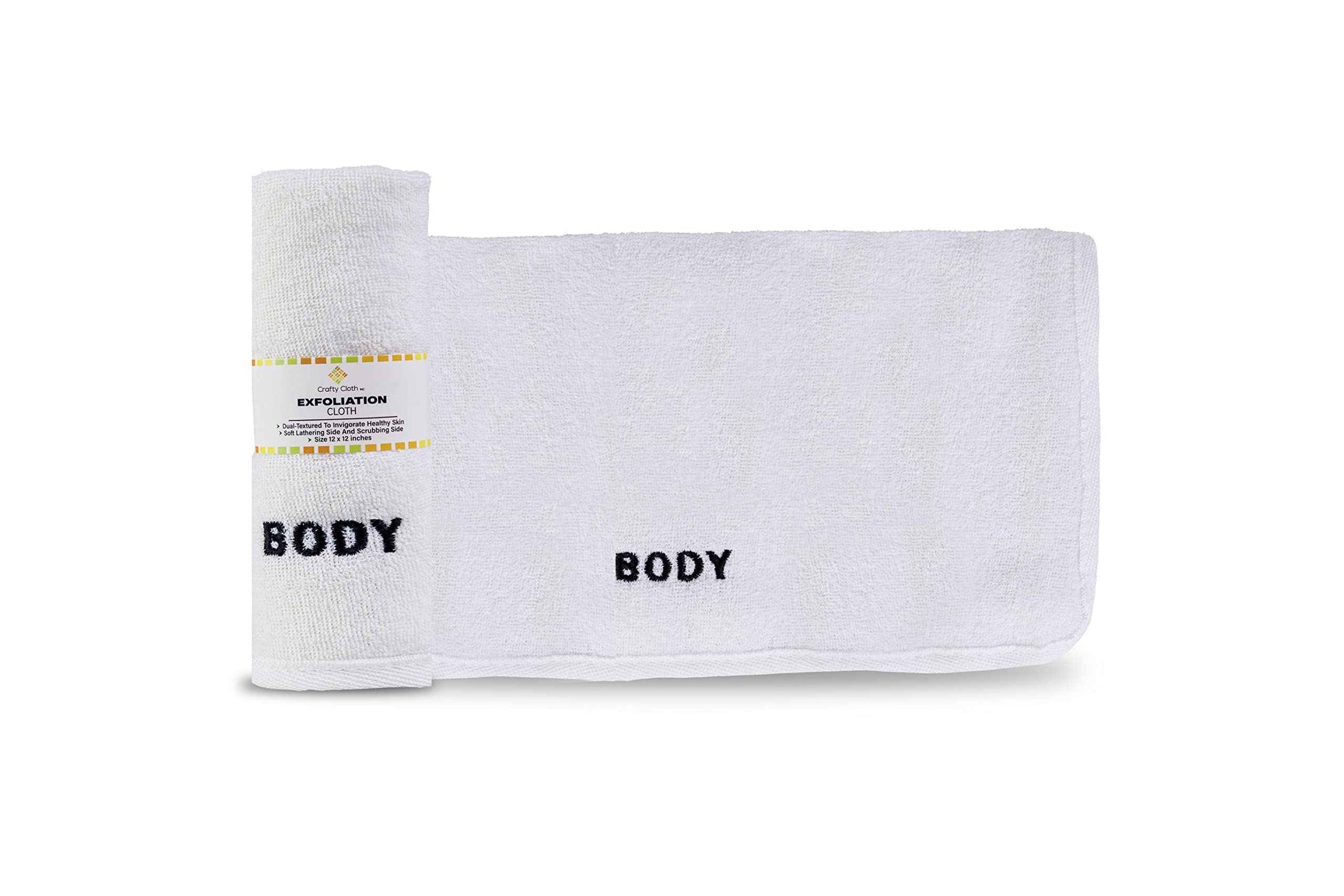 Crafty Cloth 4-Pack Spa Body Cloths | Dual-Sided for Luxurious Soft Lather or Deep Exfoliating Rigid Scrub | Embroidered for Personalized Skin Care (White, Embroidered 4-Piece Set)