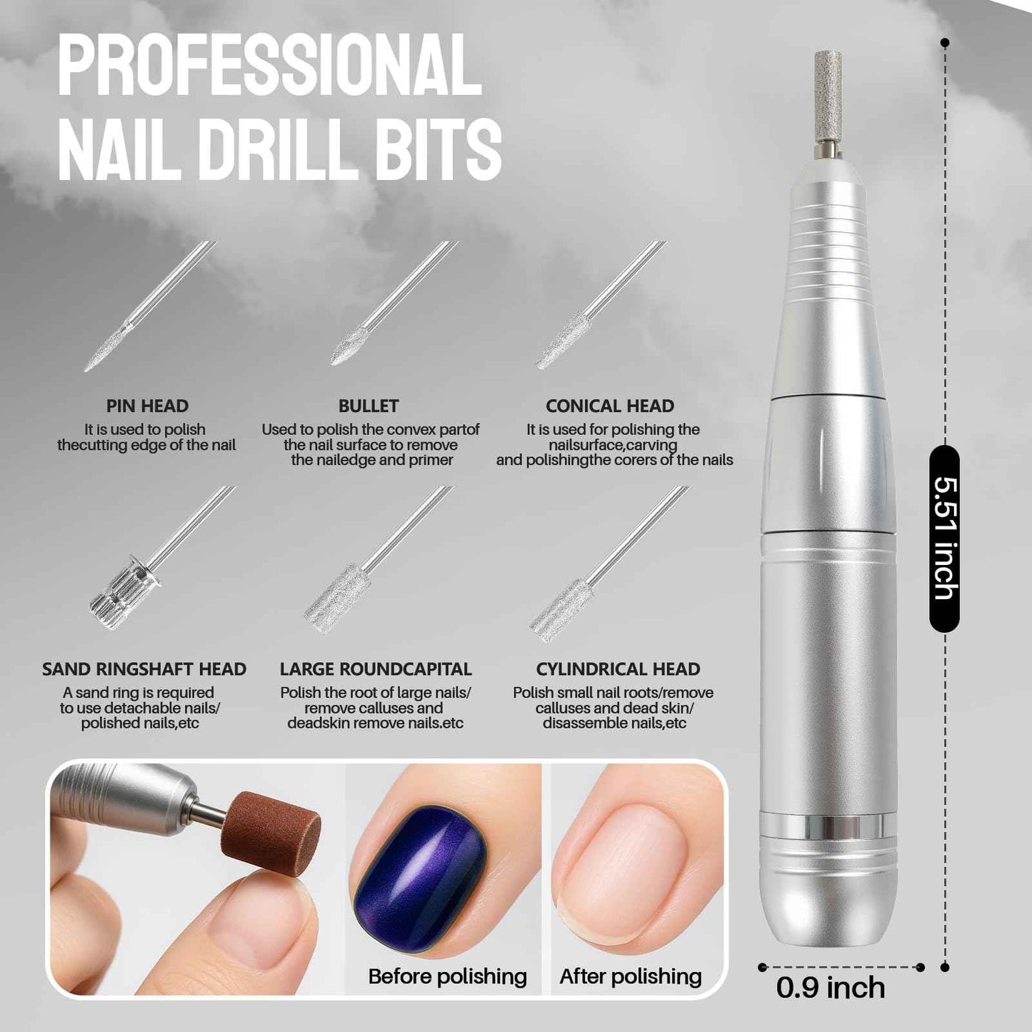 Droyek Electric Nail Drill Portable Nail Drill Professional 45000 RPM 6 Salon Quality Drill bits 6 Sanding Bands Portable & Low Noise for Acrylic Nails Gel Polishing Removing Bits Kit for Home Use
