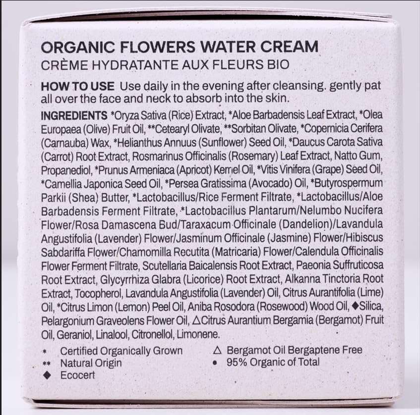 Whamisa Organic Flowers Water Cream - Hydration and Elasticity for Sensitive and Dry skin, Organic 95.2%, Vegan(50ml/1.6 fl. oz.), Korean skincare, Quick absorbing, Lightweight skin quenching cream