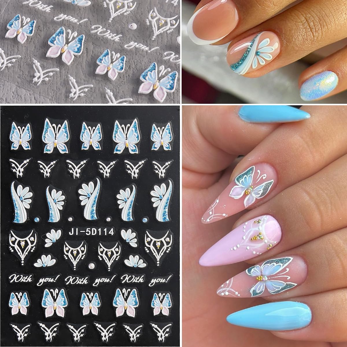 Fcozpjk Acrylic Flowers for Nails 4 Sheets 5D Embossed Floral Nail Decals Colorful Flowers Nail Stickers, Gold Strip Lines Swirls French Tip Nail Stickers, Daisy Butterfly Stickers Pegatinas Uñas