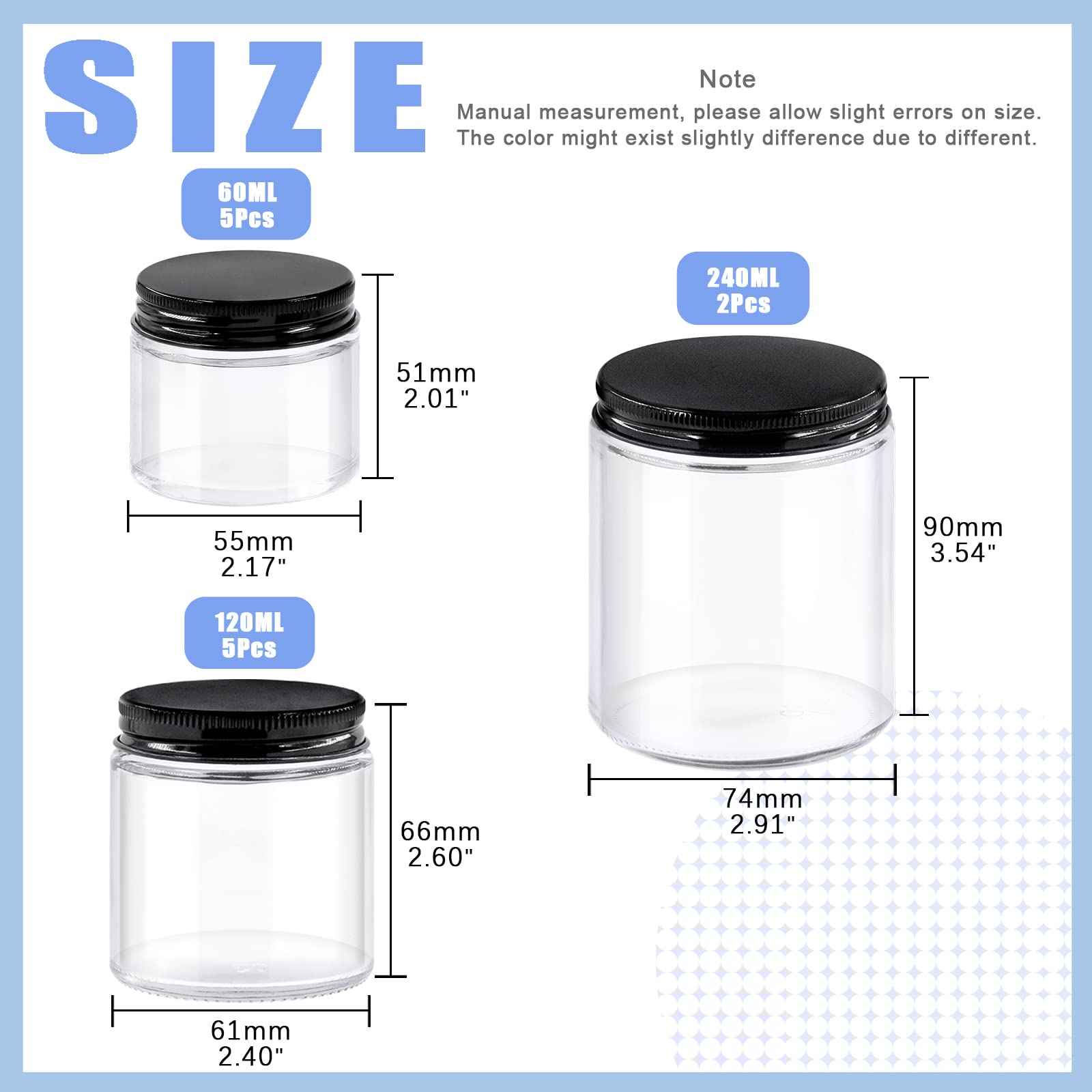 Glarks 12 Pack 2oz 4oz 8oz Glass Jars with Lids, Round Clear Glass Jars with Inner Liner and Black Lids for Storing Creams, Beauty Products, Cosmetic, Lotion and Ointments