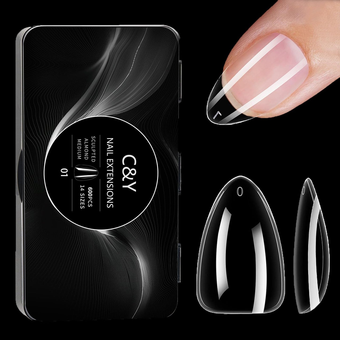 Cycullinyt 600PCS Medium Almond Nail Tips, Pre-shaped Clear Fake Nails Tips with box - 14 Sizes Full Cover Soft Acrylic False Gel x Tip Press On for Nails Extensions Diy salon at Home