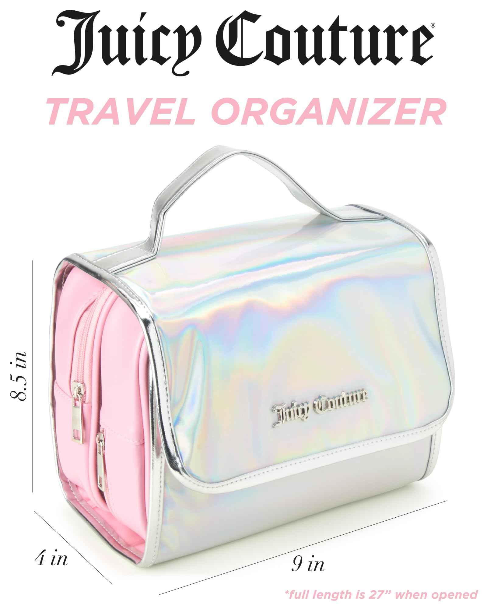 Juicy Couture Iridescent Makeup Bag Cosmetics Organizer Travel Essentials Hanging Hook Iridescent Silver Trim