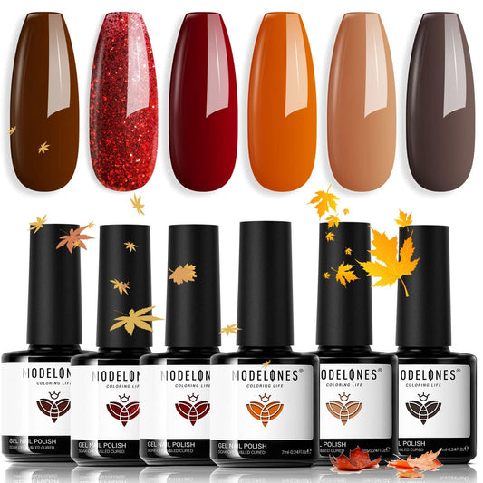 modelones Gel Nail Polish Set, 6 PCS Nude Brown Orange Fall Gel Polish Colors Dark Red Wine Glitter Gel Polish Set Soak Off Halloween Nail Art Manicure Kit DIY Salon No Wipe Holiday Gift